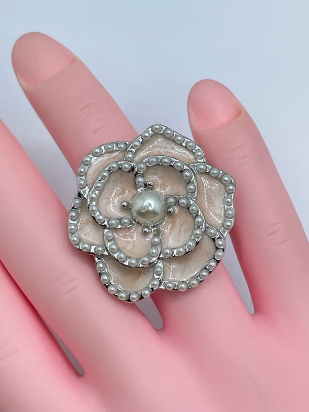 Silver Tone Faux Pearl Stretch Ring Cluster Adjustable Statement Fashion